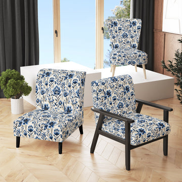 Blue And White Damask Flower - Cottage Accent Side Chair